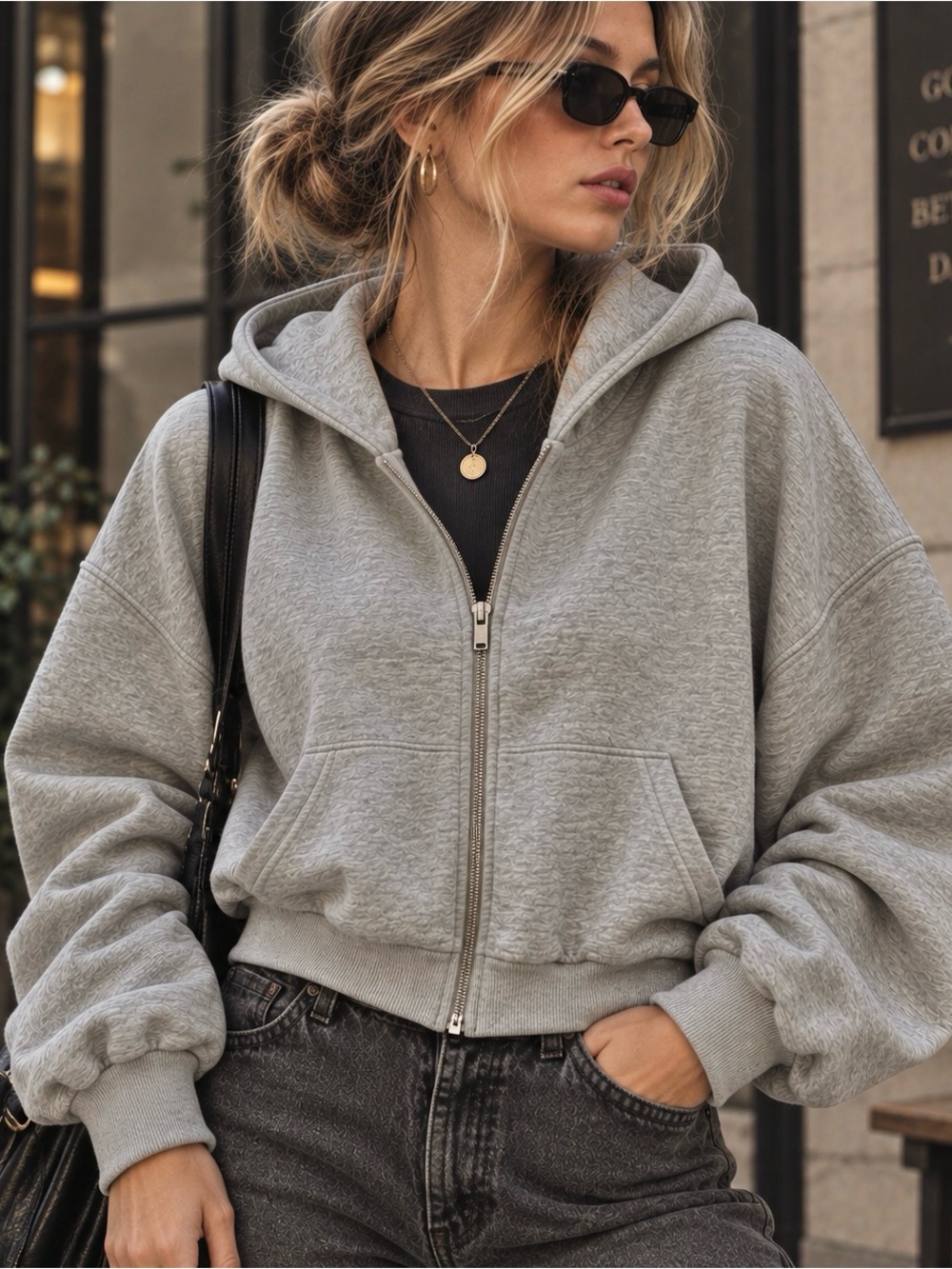 H&M Womens Gray Full Zip Slouchy Boyfriend Hoodie Cropped Pockets Grunge Y2K M